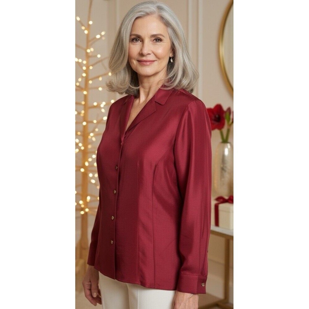 VTG Ann Taylor Women’s 10 Silk Cherry Red Blouse Lagenlook Classic Holiday Xmas